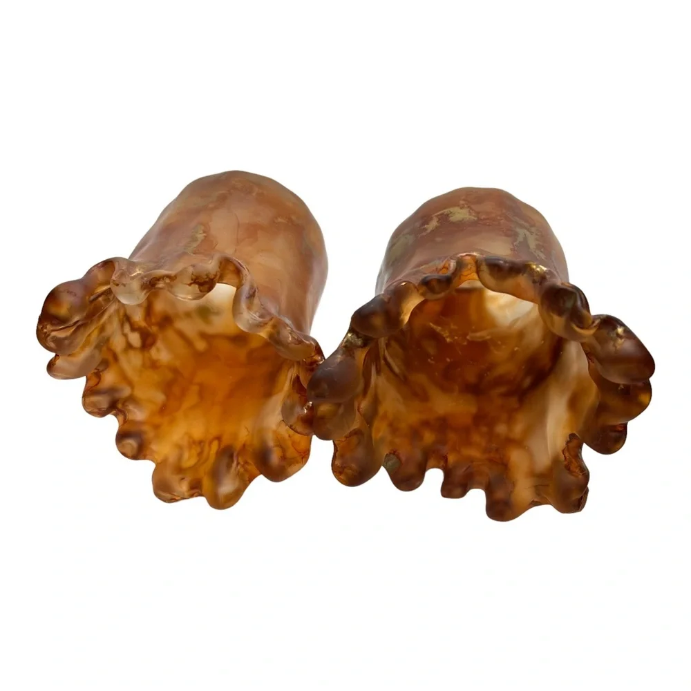MCM Italian Swung Glass Candle Holders Amber with Metallic Swirls